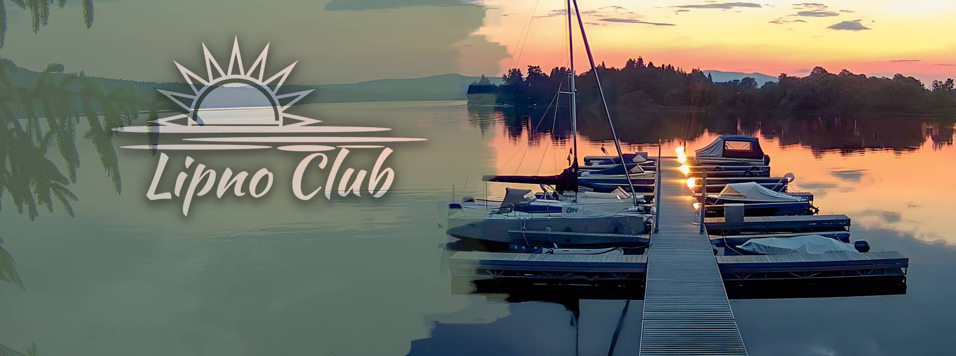 Pohled na Lipenské jezero s molem a západem slunce - Lipno Club